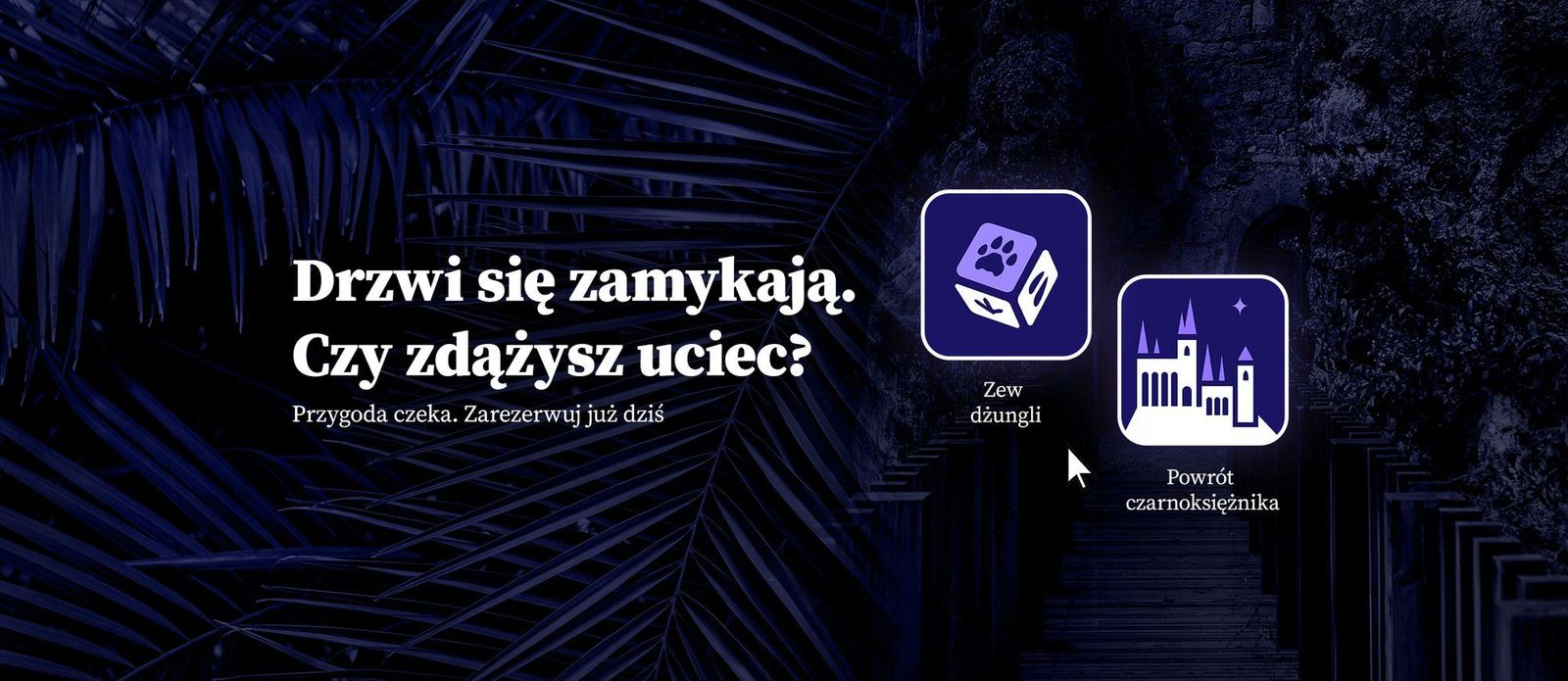 Keyword banner – escape room in Warsaw: jungle on the left, a sorcerer’s castle on the right, the tagline “The doors are closing. Will you escape in time?” and the rooms Call of the Jungle and Return of the Sorcerer